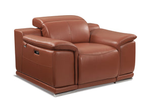 English Elm Global United Top-Grain Italian Leather Power Recliner in Camel with USB, Chrome Legs, Plush Foam Comfort B05777766