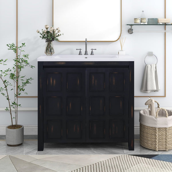 English Elm 36" Retro Espresso Bathroom Vanity Organizer with Sink — Solid Wood, Handcrafted Distressed Finish, Spacious Storage and Soft-Close Doors SV000004AAE-2