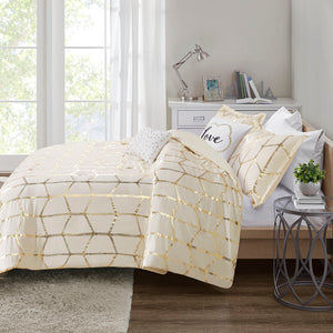 English Elm Full/Queen Raina Metallic Geometric Duvet Cover Set with Decorative Pillows, Antimicrobial Microfiber Protection B03596042