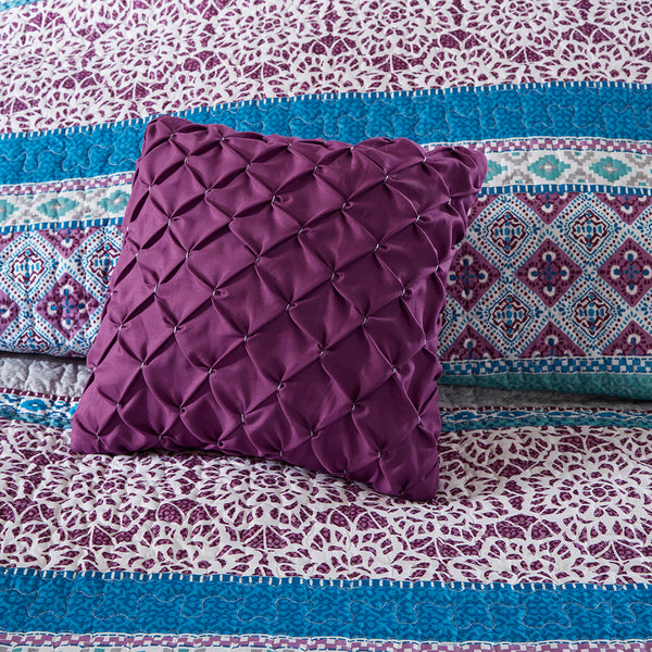 English Elm Twin/Twin Boho Reversible Quilt Set with Pillows — Vibrant Global Prints, Purple Reverse, OEKO-TEX Safe B03596118