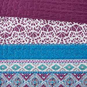 English Elm Twin/Twin Boho Reversible Quilt Set with Pillows — Vibrant Global Prints, Purple Reverse, OEKO-TEX Safe B03596118