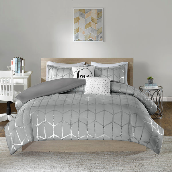 English Elm Twin/Twin Metallic Raina Duvet Cover Set with Geometric Silver Print, Embroidered Pillows, Antimicrobial Protection B03596035