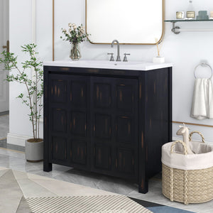 English Elm 36" Retro Espresso Bathroom Vanity Organizer with Sink — Solid Wood, Handcrafted Distressed Finish, Spacious Storage and Soft-Close Doors SV000004AAE-2