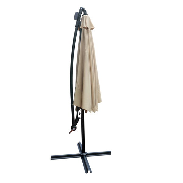English Elm Tan 10 ft Solar Patio Umbrella with 24 LED Lights, Water & UV Resistant Canopy, Crank Lift, Base W65627949