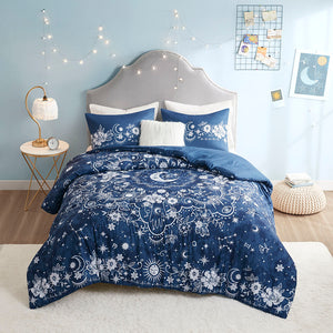 English Elm Twin/Twin Celestial Comforter Set by Intelligent Design Stella - Navy Stars, Moons, Antimicrobial Freshness Pillow Included B03595968