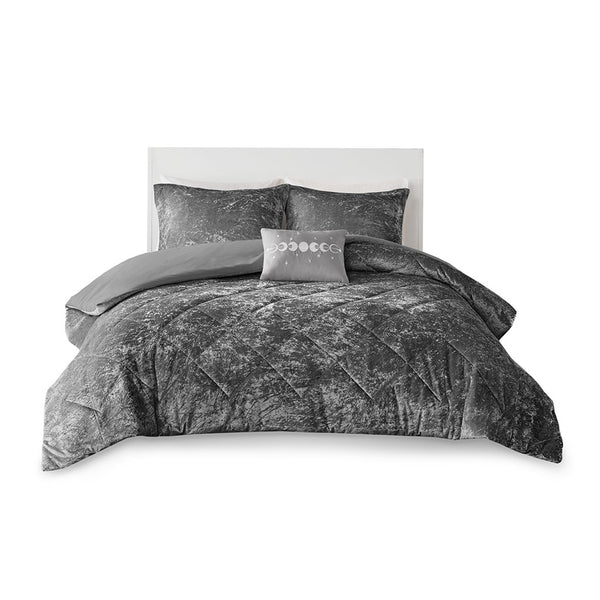 English Elm Full/Queen Velvet Duvet Cover Set Felicia — Quilted Crushed Velvet Grey, 4-Piece Soft Luxury Bedding B03596050