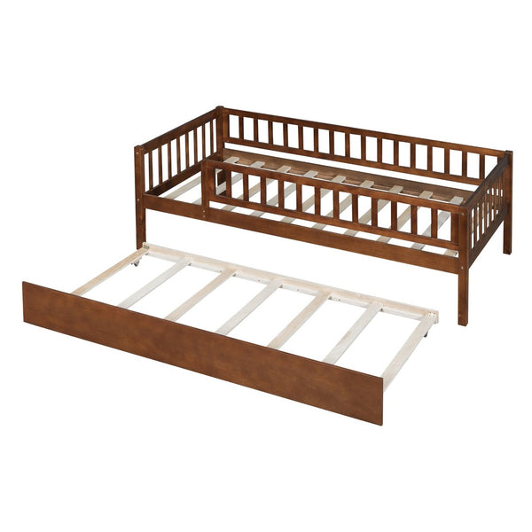 English Elm Twin Pine Wood Daybed with Roll Out Trundle Fence Guardrails Cabin Style Frame Walnut WF301862AAL
