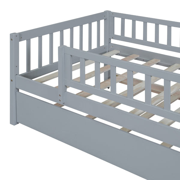 English Elm Twin Pine Wood Daybed with Roll Out Trundle Fence Guardrails Cabin Style Frame Gray WF301862AAE