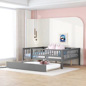 English Elm Full Size Pine Wood Daybed with Roll Out Trundle Fence Rail Guest Room Sleeper Gray WF301863AAE