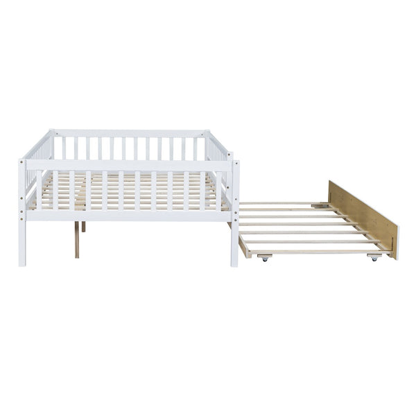 English Elm Full Size Pine Wood Daybed with Roll Out Trundle Fence Rail Guest Room Sleeper WF301863AAK