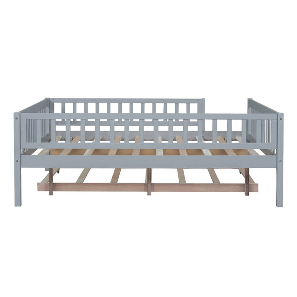 English Elm Full Size Pine Wood Daybed with Roll Out Trundle Fence Rail Guest Room Sleeper Gray WF301863AAE
