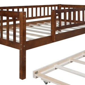 English Elm Twin Pine Wood Daybed with Roll Out Trundle Fence Guardrails Cabin Style Frame Walnut WF301862AAL