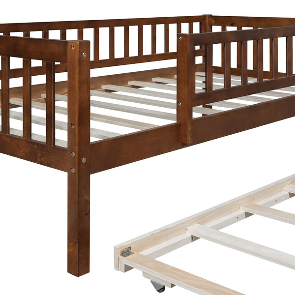 English Elm Twin Pine Wood Daybed with Roll Out Trundle Fence Guardrails Cabin Style Frame Walnut WF301862AAL