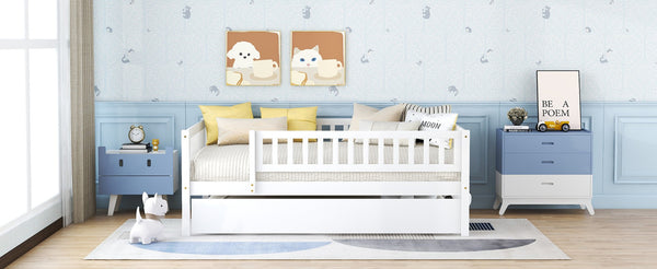 English Elm Full Size Pine Wood Daybed with Roll Out Trundle Fence Rail Guest Room Sleeper WF301863AAK