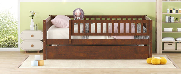 English Elm Full Size Pine Wood Daybed with Roll Out Trundle Fence Rail Guest Room Sleeper Walnut WF301863AAL
