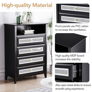 English Elm On-trend Rattan Panel 4 Drawer Dresser Black Mdf Cabinet Gold Pulls Bedroom Storage WF303857AAB