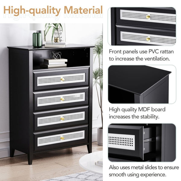 English Elm On-trend Rattan Panel 4 Drawer Dresser Black Mdf Cabinet Gold Pulls Bedroom Storage WF303857AAB