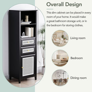 English Elm On-trend Boho Rattan Tower Cabinet 63 Inch Slim Mdf Storage for Any Room WF303856AAB