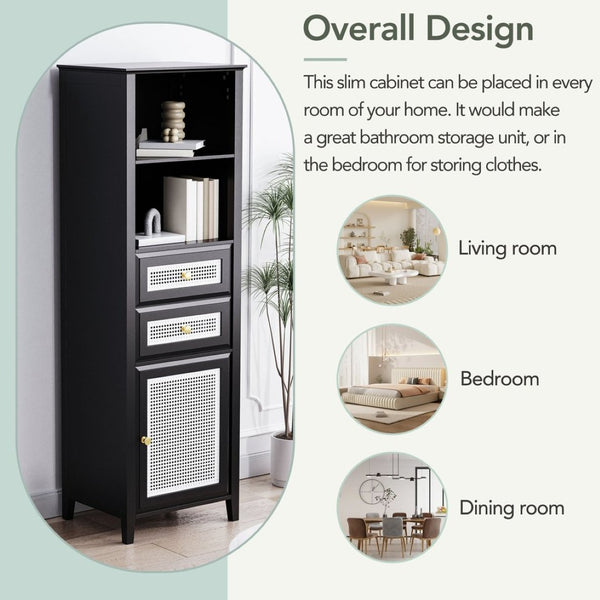 English Elm On-trend Boho Rattan Tower Cabinet 63 Inch Slim Mdf Storage for Any Room WF303856AAB