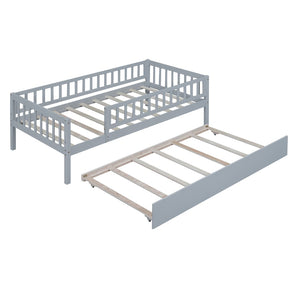 English Elm Twin Pine Wood Daybed with Roll Out Trundle Fence Guardrails Cabin Style Frame Gray WF301862AAE
