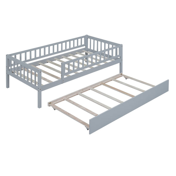 English Elm Twin Pine Wood Daybed with Roll Out Trundle Fence Guardrails Cabin Style Frame Gray WF301862AAE
