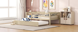 English Elm Twin Pine Wood Daybed with Roll Out Trundle Fence Guardrails Cabin Style Frame Natural WF301862AAN