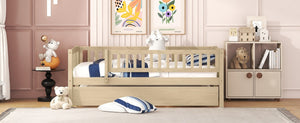 English Elm Twin Pine Wood Daybed with Roll Out Trundle Fence Guardrails Cabin Style Frame Natural WF301862AAN