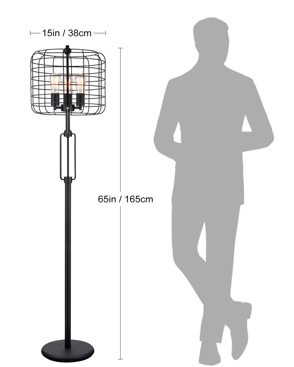 English Elm 65"H Black Industrial Wire Cage Floor Lamp with 3 Edison Bulbs, Matte Metal Body, 65" Tall Cast Iron Design B080107042