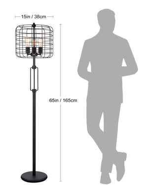 English Elm 65"H Black Industrial Wire Cage Floor Lamp with 3 Edison Bulbs, Matte Metal Body, 65" Tall Cast Iron Design B080107042