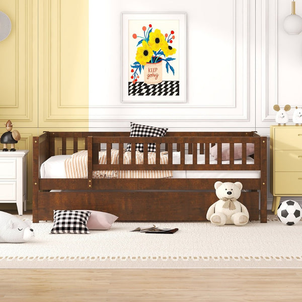 English Elm Twin Pine Wood Daybed with Roll Out Trundle Fence Guardrails Cabin Style Frame Walnut WF301862AAL