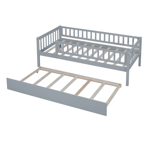 English Elm Twin Pine Wood Daybed with Roll Out Trundle Fence Guardrails Cabin Style Frame Gray WF301862AAE