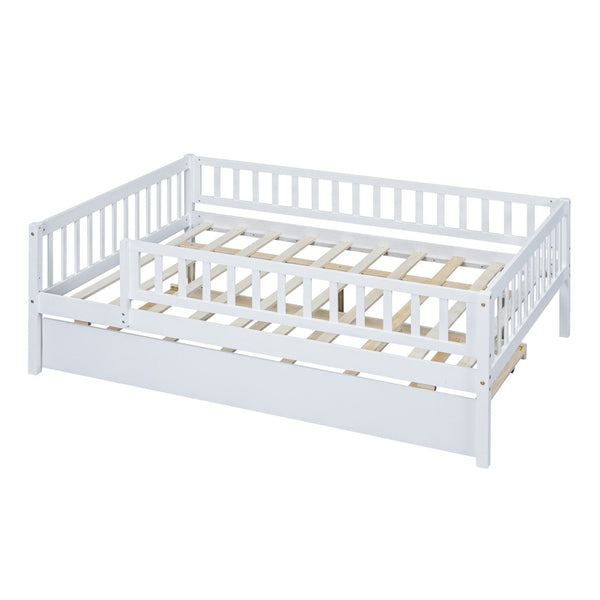 English Elm Full Size Pine Wood Daybed with Roll Out Trundle Fence Rail Guest Room Sleeper WF301863AAK