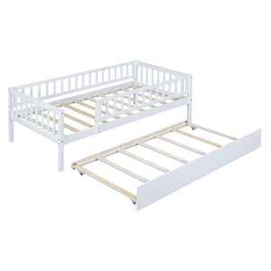 English Elm Twin Pine Wood Daybed with Roll Out Trundle Fence Guardrails Cabin Style Frame White WF301862AAK