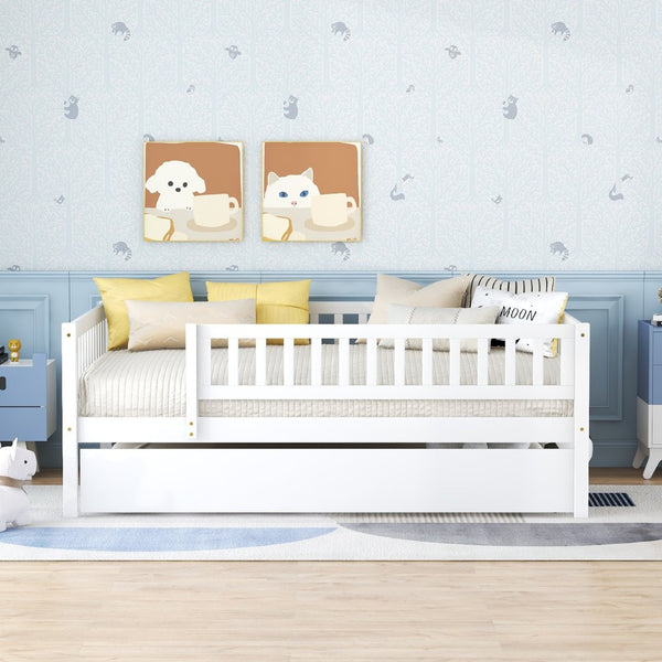 English Elm Full Size Pine Wood Daybed with Roll Out Trundle Fence Rail Guest Room Sleeper WF301863AAK