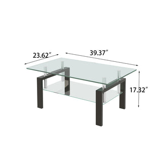 English Elm Tempered Glass Two Tier Coffee Table Open Shelf Design for Modern Living Rooms W171891784