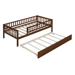 English Elm Twin Pine Wood Daybed with Roll Out Trundle Fence Guardrails Cabin Style Frame Walnut WF301862AAL