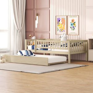 English Elm Twin Pine Wood Daybed with Roll Out Trundle Fence Guardrails Cabin Style Frame Natural WF301862AAN