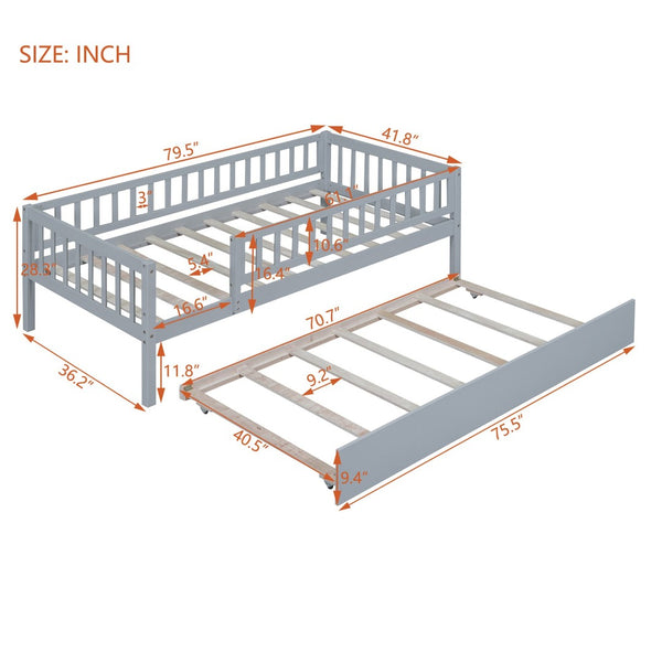 English Elm Twin Pine Wood Daybed with Roll Out Trundle Fence Guardrails Cabin Style Frame Gray WF301862AAE