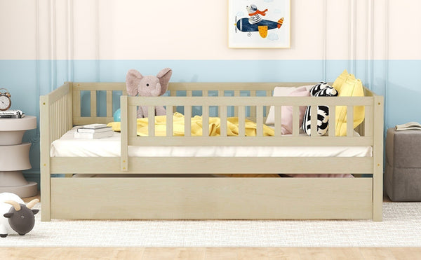 English Elm Full Size Pine Wood Daybed with Roll Out Trundle Fence Rail Guest Room Sleeper Natural WF301863AAN