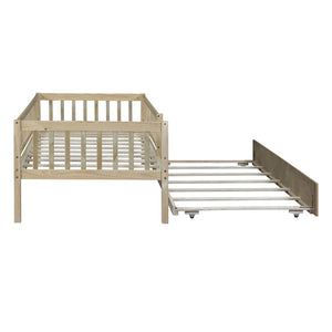 English Elm Twin Pine Wood Daybed with Roll Out Trundle Fence Guardrails Cabin Style Frame Natural WF301862AAN