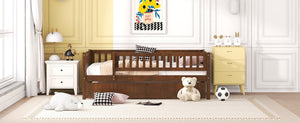 English Elm Twin Pine Wood Daybed with Roll Out Trundle Fence Guardrails Cabin Style Frame Walnut WF301862AAL