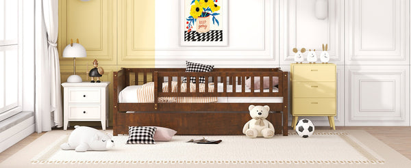 English Elm Twin Pine Wood Daybed with Roll Out Trundle Fence Guardrails Cabin Style Frame Walnut WF301862AAL