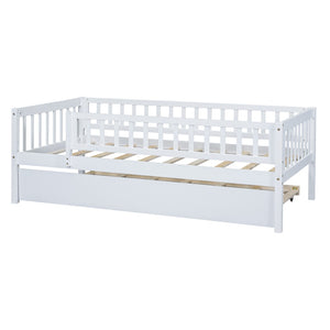 English Elm Twin Pine Wood Daybed with Roll Out Trundle Fence Guardrails Cabin Style Frame White WF301862AAK