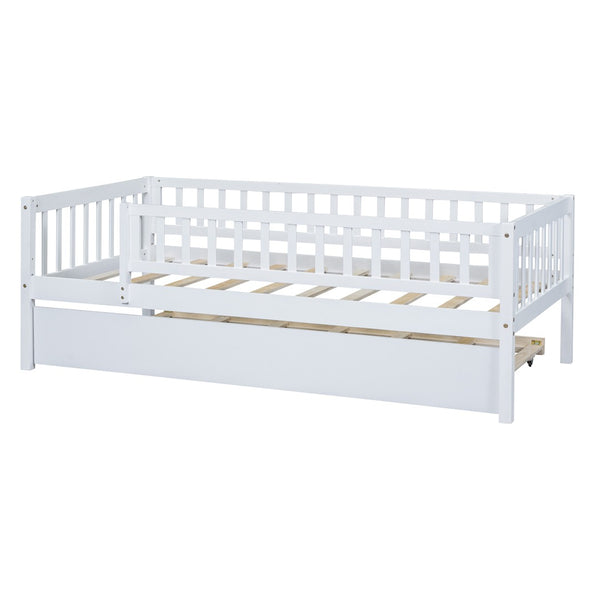 English Elm Twin Pine Wood Daybed with Roll Out Trundle Fence Guardrails Cabin Style Frame White WF301862AAK