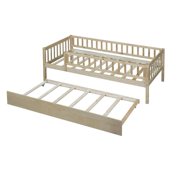English Elm Twin Pine Wood Daybed with Roll Out Trundle Fence Guardrails Cabin Style Frame Natural WF301862AAN