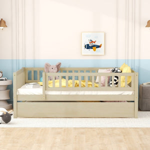 English Elm Full Size Pine Wood Daybed with Roll Out Trundle Fence Rail Guest Room Sleeper Natural WF301863AAN