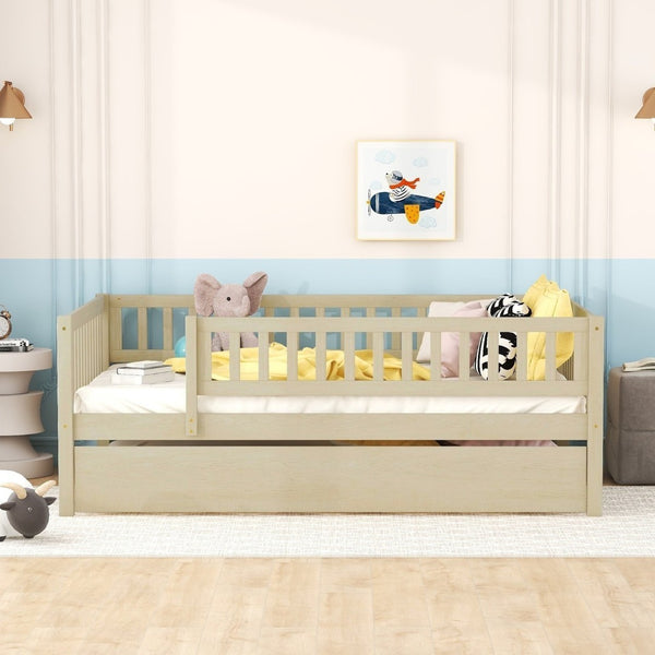 English Elm Full Size Pine Wood Daybed with Roll Out Trundle Fence Rail Guest Room Sleeper Natural WF301863AAN