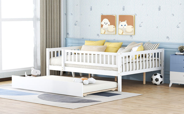 English Elm Full Size Pine Wood Daybed with Roll Out Trundle Fence Rail Guest Room Sleeper WF301863AAK