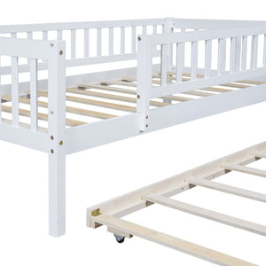 English Elm Twin Pine Wood Daybed with Roll Out Trundle Fence Guardrails Cabin Style Frame White WF301862AAK