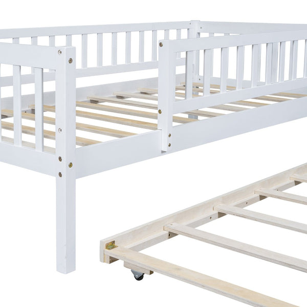 English Elm Twin Pine Wood Daybed with Roll Out Trundle Fence Guardrails Cabin Style Frame White WF301862AAK